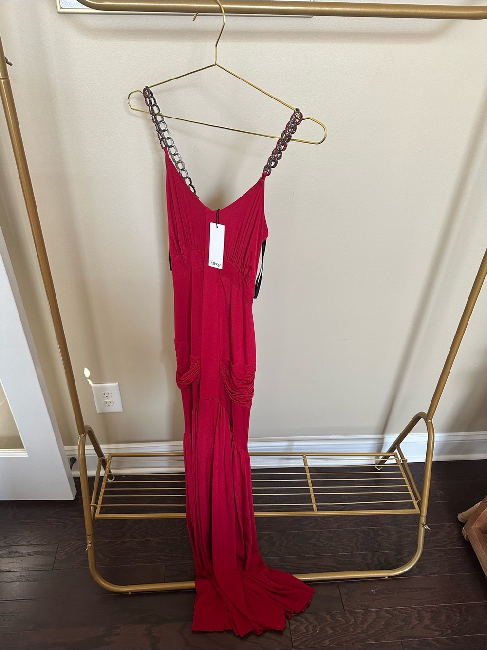 Sky Red Maxi Gown with Chain-Strap Detailing